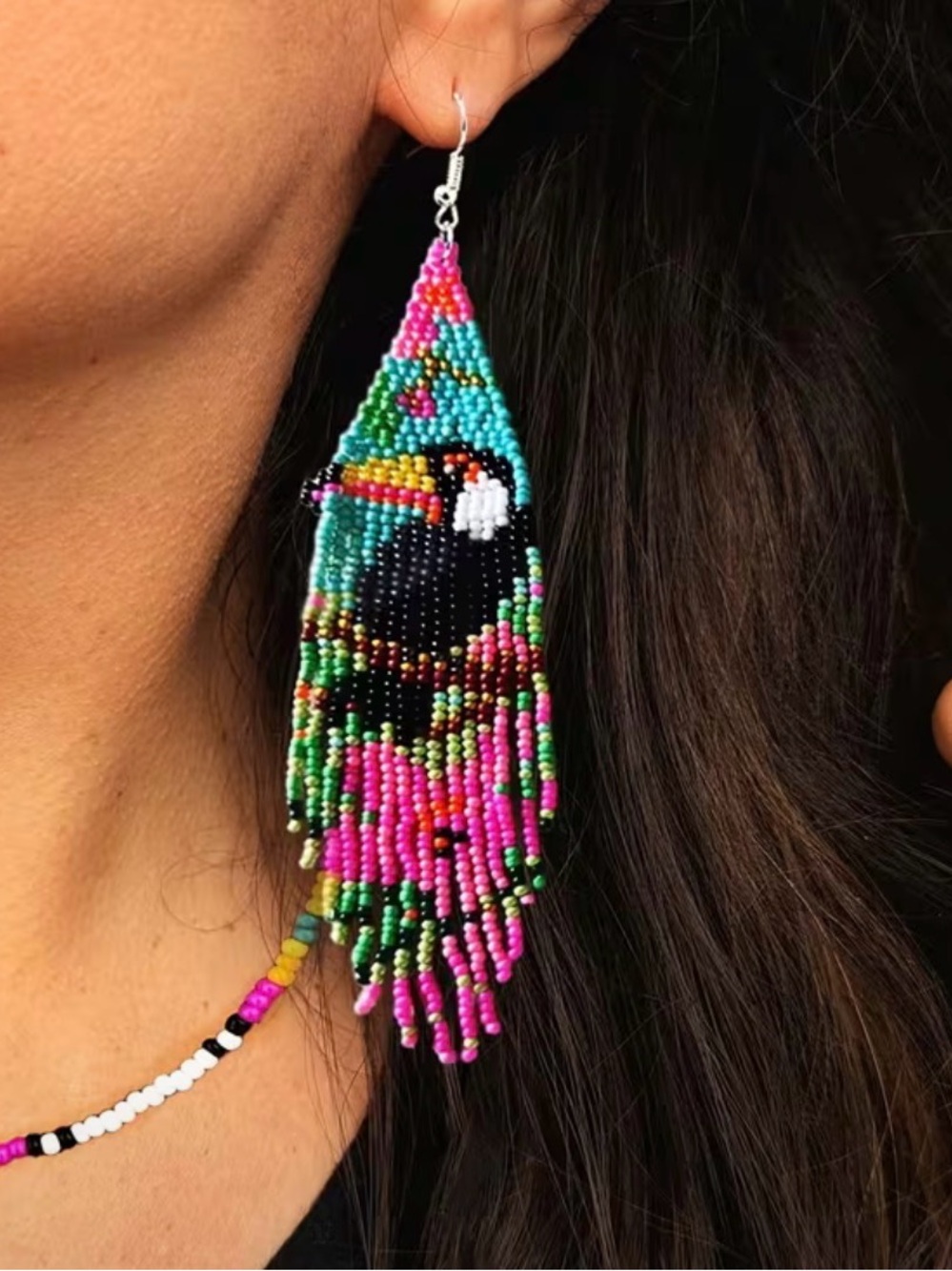 Handmade Multicolor Beaded Toucan Earrings